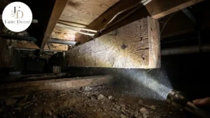Flashlight inspecting a wooden joist in a crawl space for termites