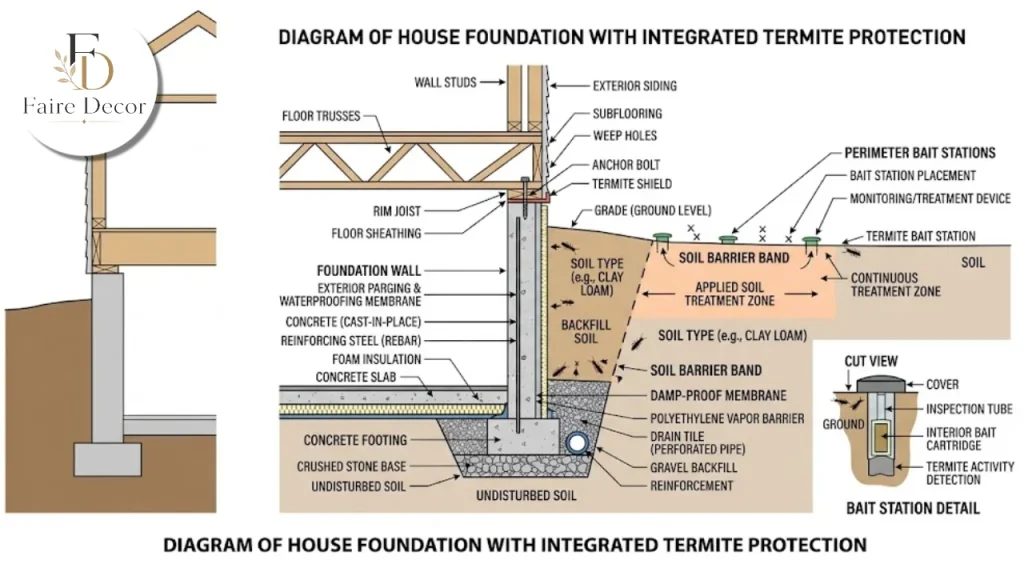 Diagram of a termite soil barrier and bait stations around a foundation