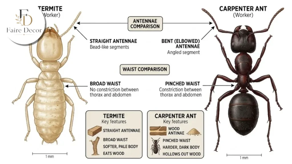Termite and carpenter ant compared by waist and antennae