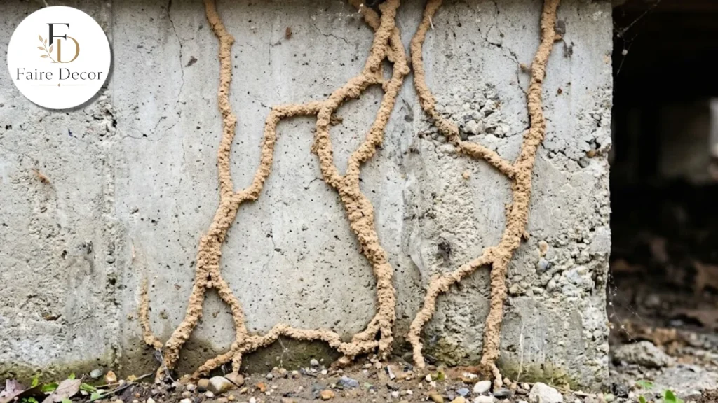 Termite mud tubes on a concrete foundation wall