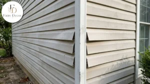 Faded and curled vinyl siding panels on a house corner