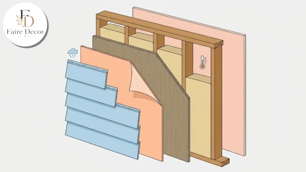 Cutaway of a wall showing siding, house wrap, sheathing and framing