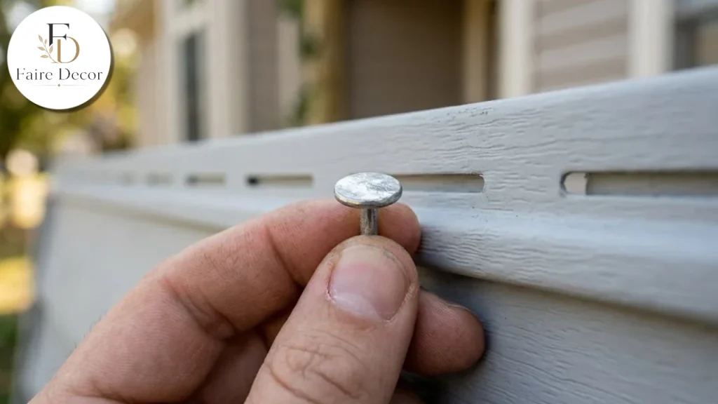 Vinyl siding nail centered in its slot with a small gap under the head