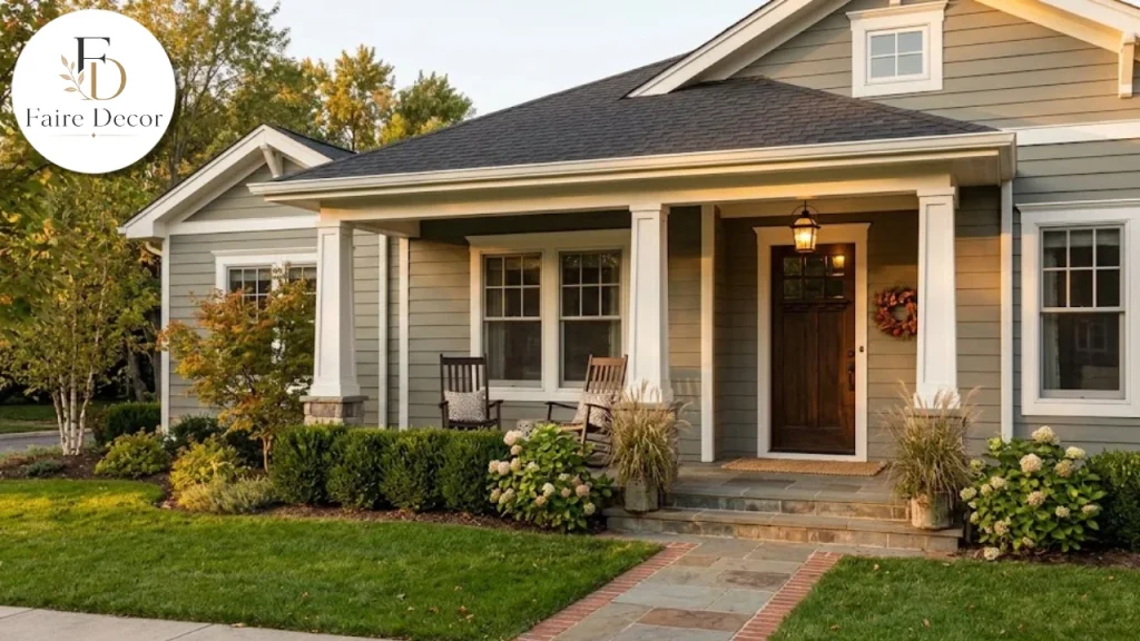 Home with gray-green vinyl siding and white trim