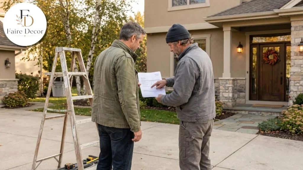 Homeowner reviewing a siding quote with an installer