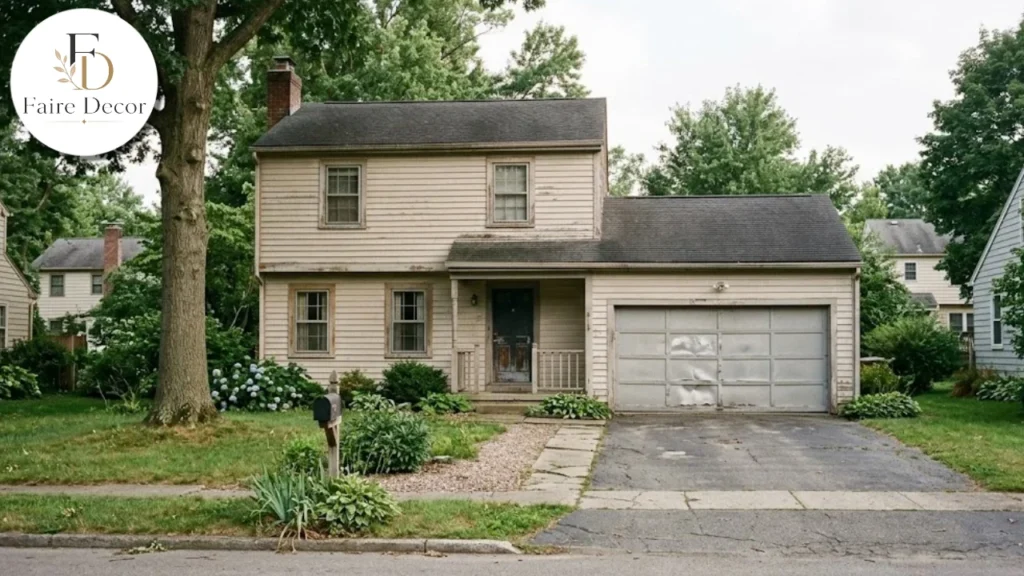 House exterior showing worn paint and an aging garage door