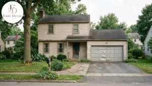 House exterior showing worn paint and an aging garage door
