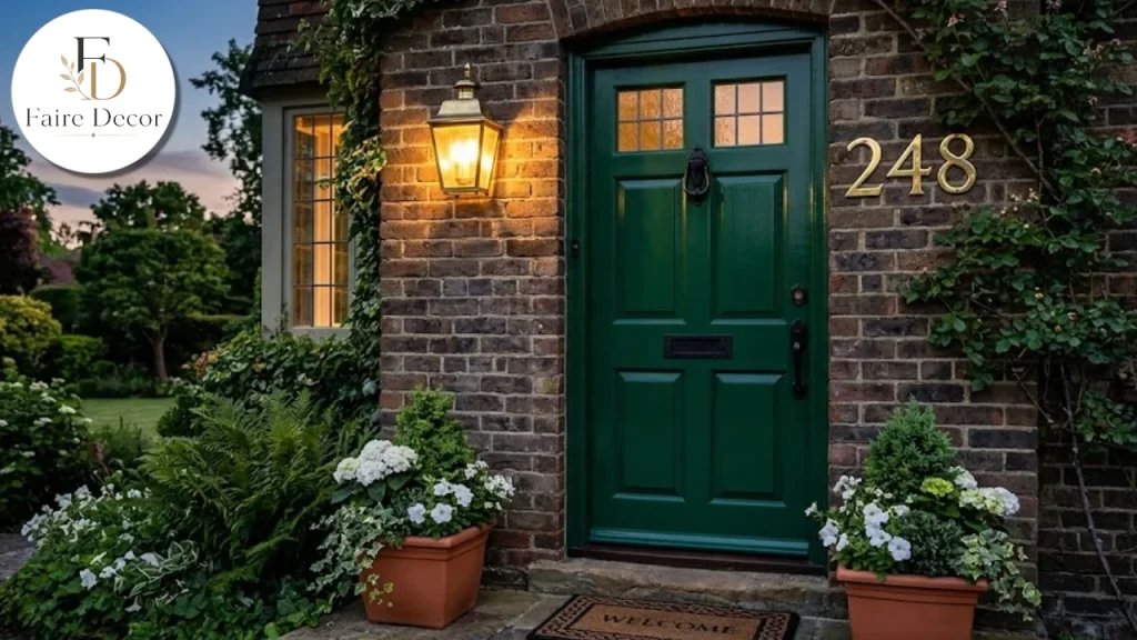 Freshly painted front door with updated lighting and house numbers