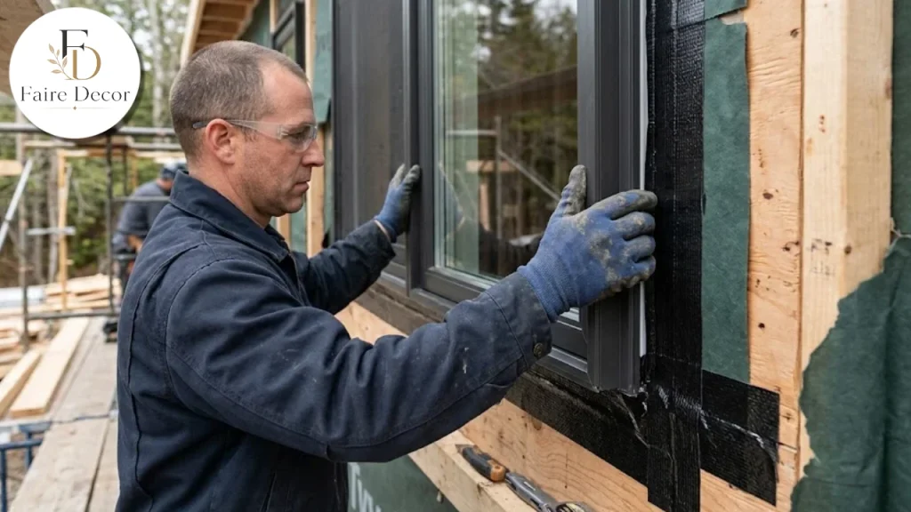 New window being installed with flashing tape around the opening
