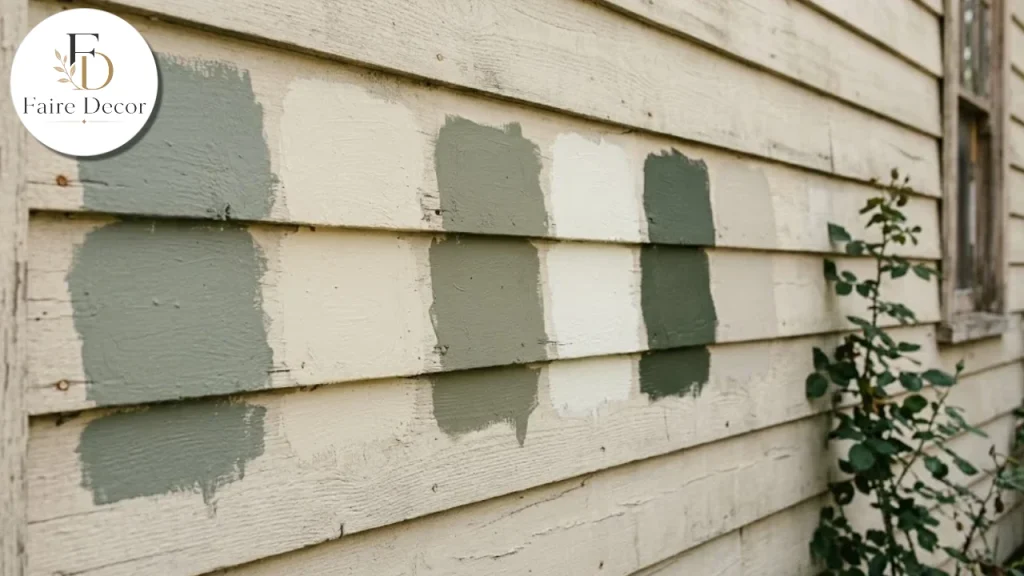 Large exterior paint samples tested on a house wall