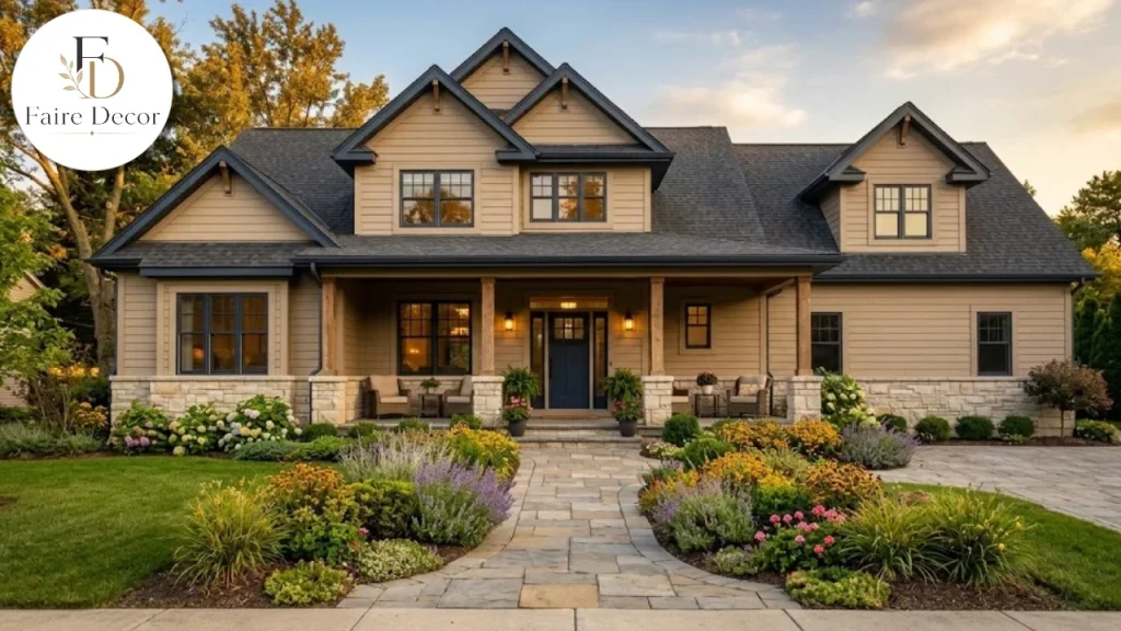 Completed home exterior with cohesive colors and landscaped path