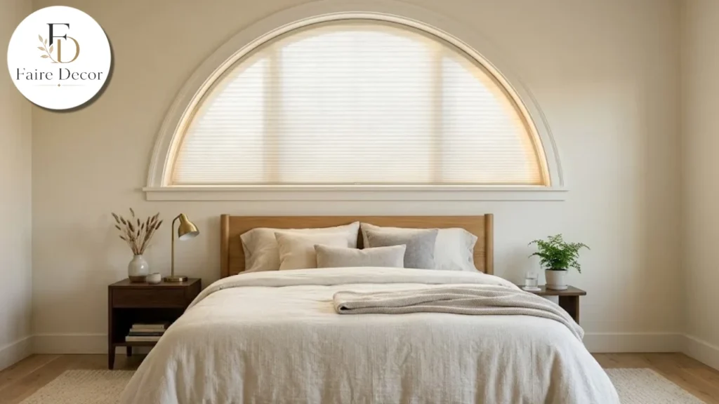 Bedroom arched window fitted with a cream blackout arch shade