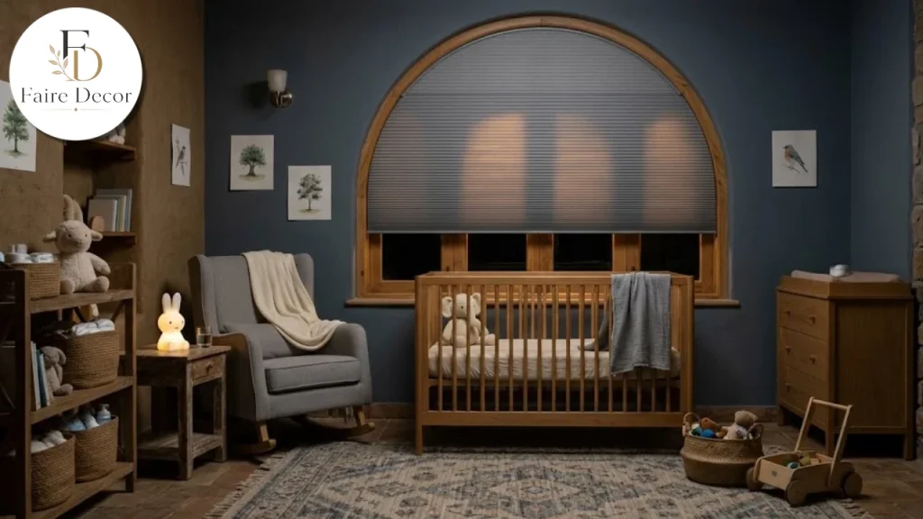 Dark restful room with an arched window covered by a blackout arch