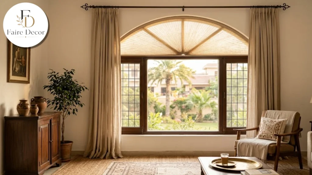 Arched window with a light-filtering arch shade and linen curtains