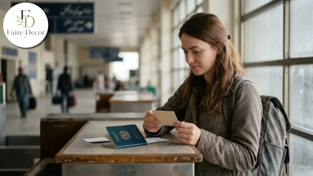 Traveler reviewing an insurance card with a passport at an airport