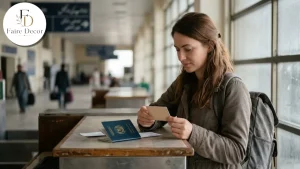 Traveler reviewing an insurance card with a passport at an airport