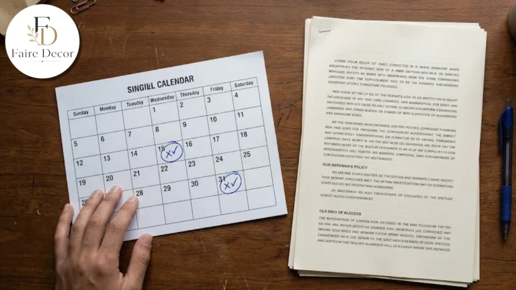 Calendar with trip payment dates circled beside a policy document