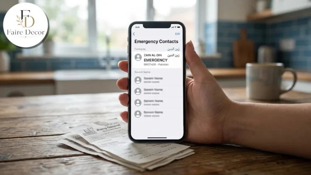 Phone with saved emergency assistance contact and receipts