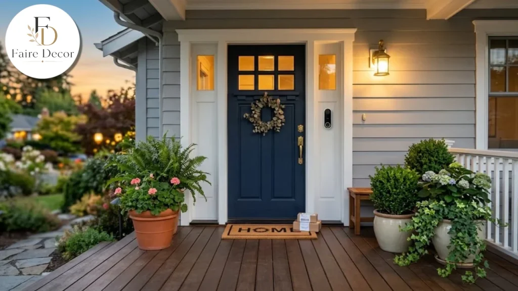 Tidy front porch with a smart doorbell ready for a long trip