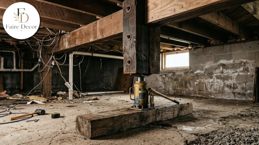 Hydraulic jack on a spreader board supporting floor joists