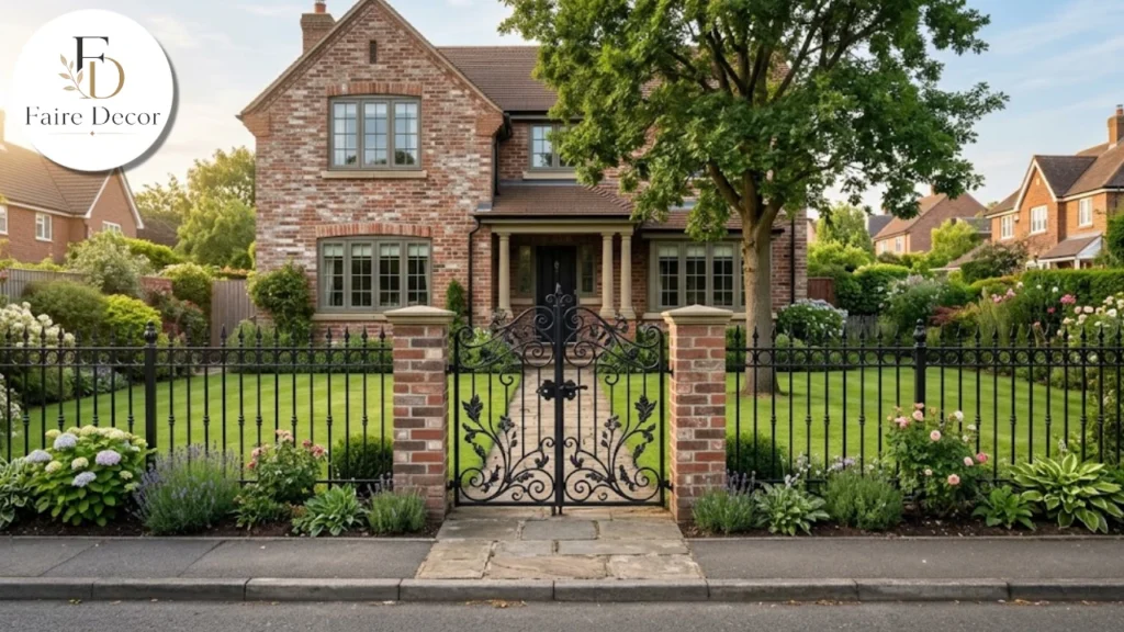 Black ornamental iron fence with a scrolled gate at a brick home