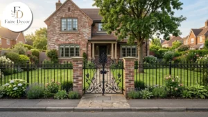 Black ornamental iron fence with a scrolled gate at a brick home