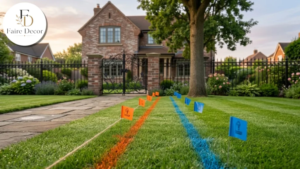Utility marking paint and flags along a planned fence line