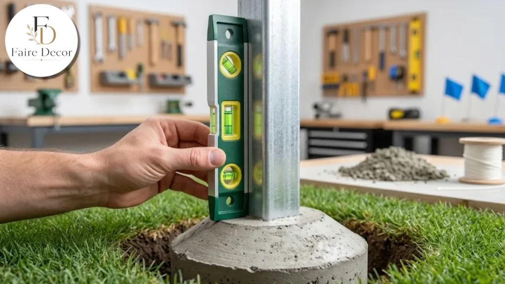 Plumb fence post set in a concrete footing