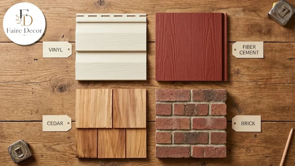 Samples of vinyl, fiber cement, cedar and brick siding on a table