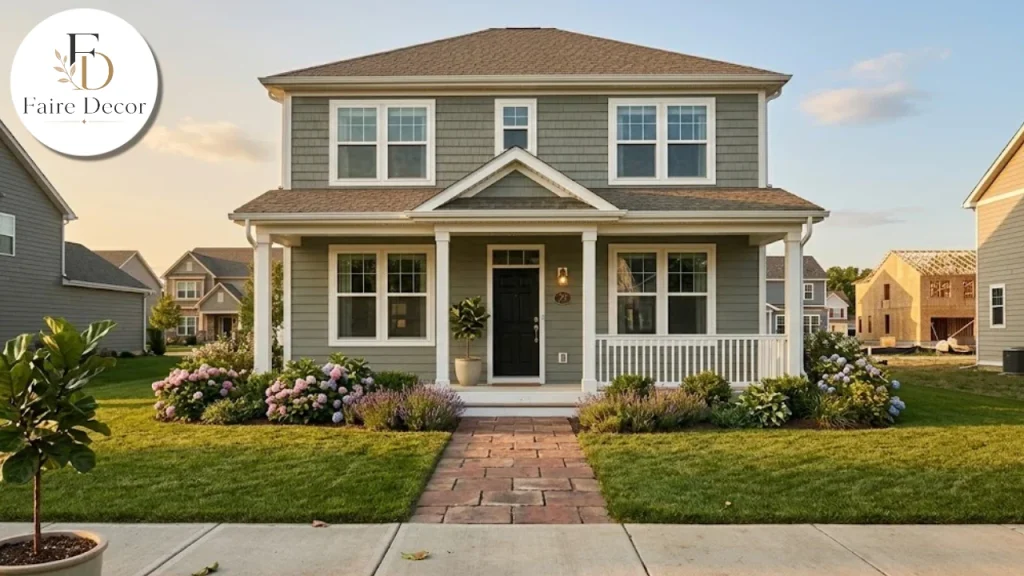 House with gray-green siding, white trim and a black front door