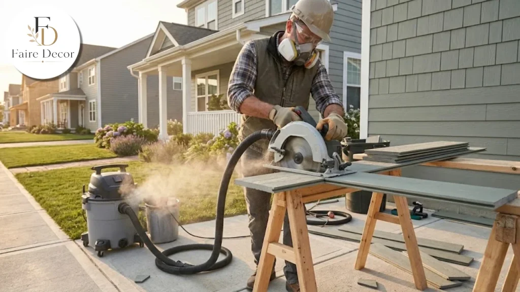 Installer cutting fiber cement siding with a dust-collecting saw and respirator