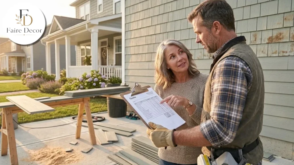 Homeowner and contractor reviewing a siding quote at the job site