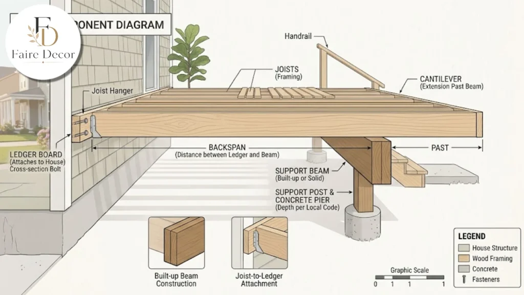 Diagram of a cantilever deck showing backspan, beam and overhang