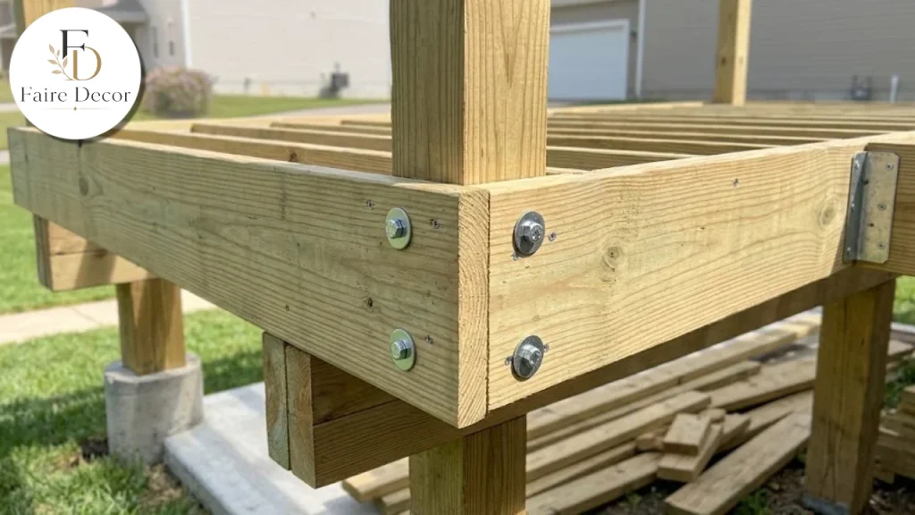 Rail post fastened to blocking on a deck edge