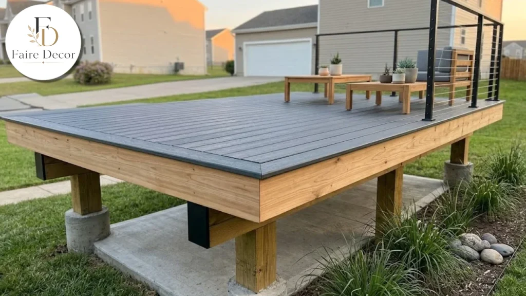 Backyard cantilever deck with a clean overhanging edge