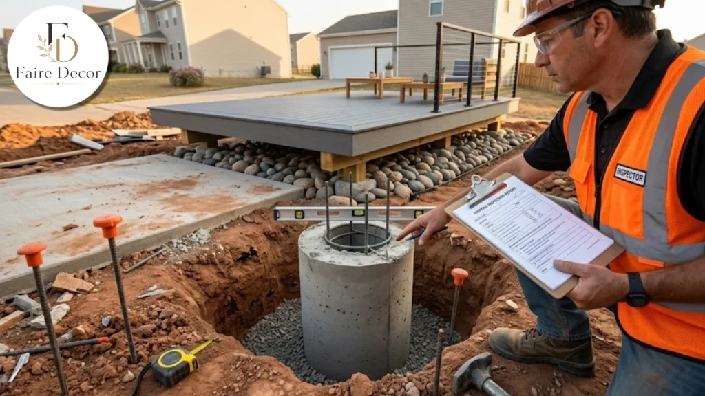 Inspector checking deck footings before concrete is poured