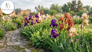 Tall bearded iris border in full bloom along a garden path