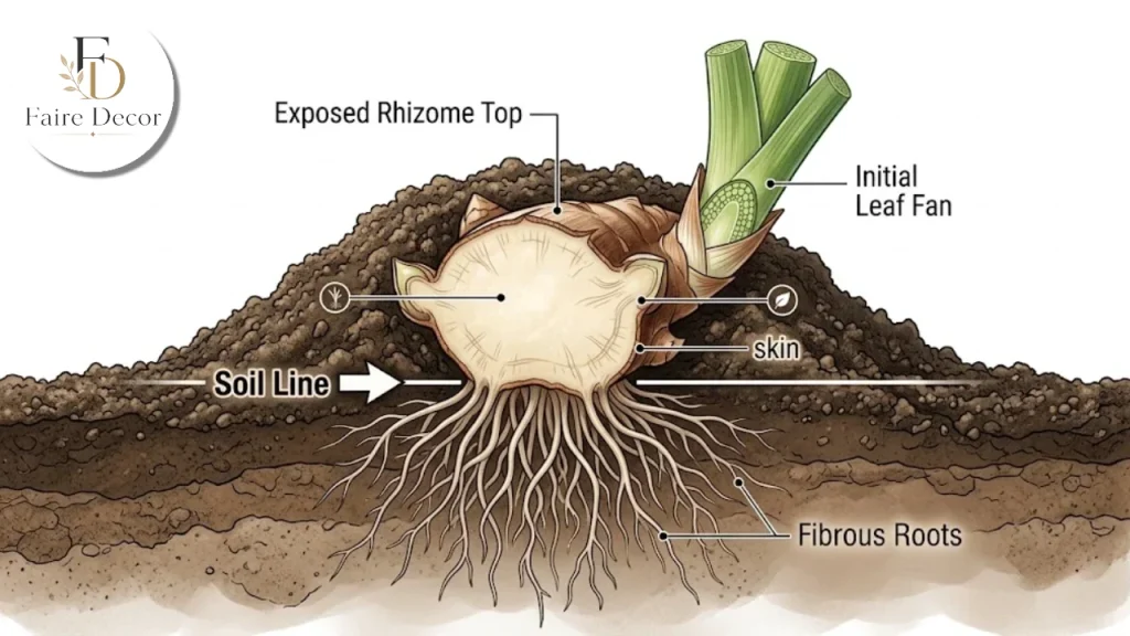 Diagram showing correct bearded iris planting depth with rhizome top exposed