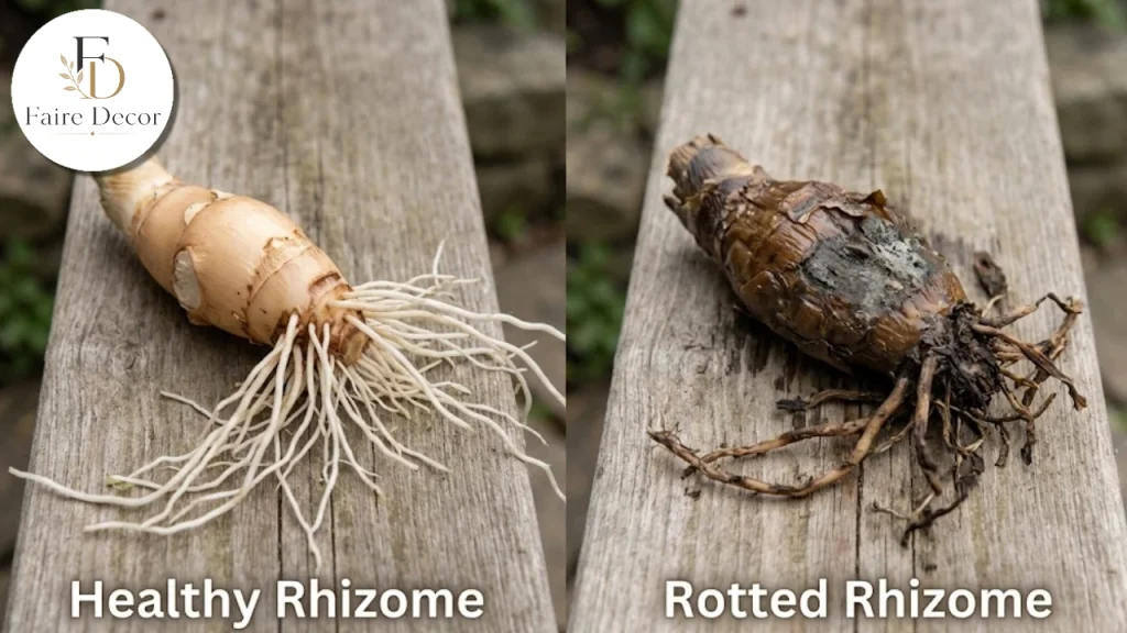 Healthy bearded iris rhizome next to a rotted rhizome with soft rot
