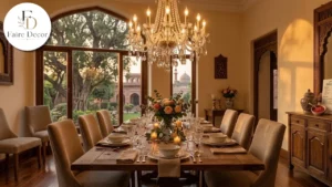 Crystal chandelier hanging over a set dining table