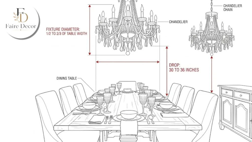 Diagram of chandelier width and hanging height above a dining table
