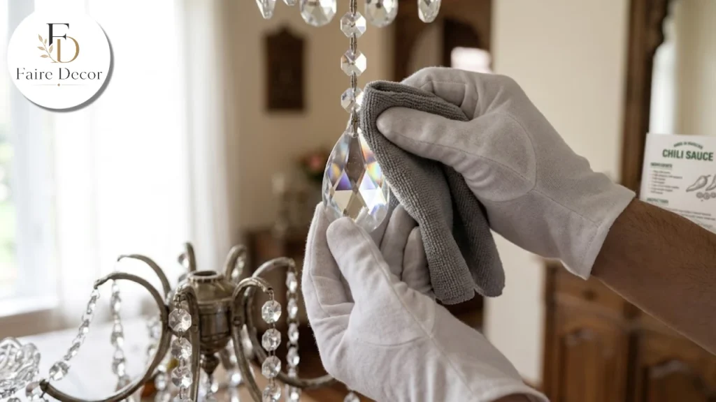Wiping a crystal chandelier with a microfiber cloth