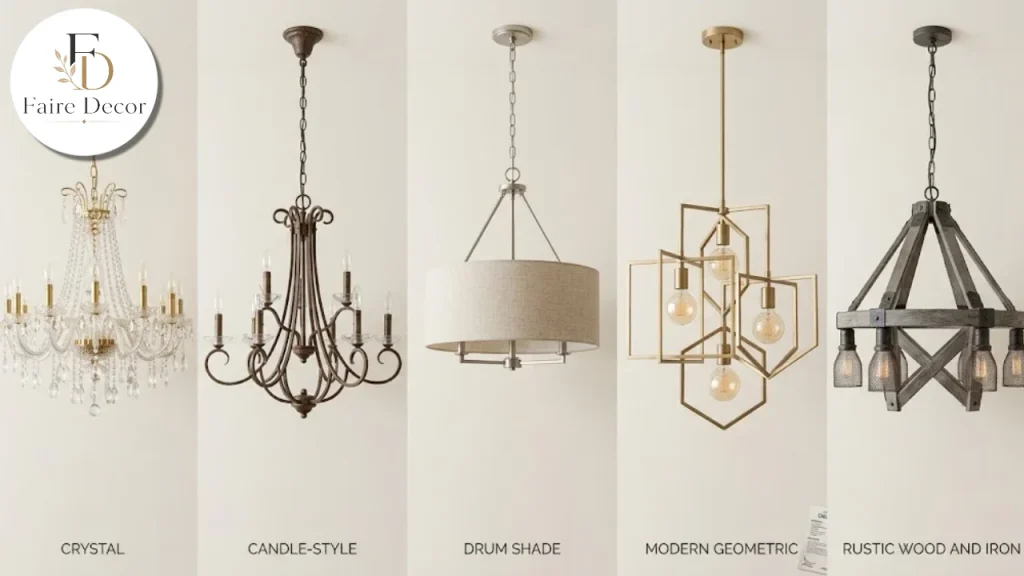 Five chandelier styles compared: crystal, candle, drum, geometric and rustic