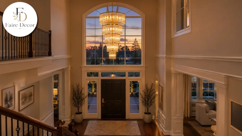 Multi-tier chandelier in a two-story entryway visible through the front window