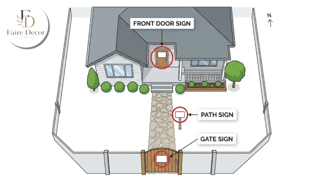 Diagram of no soliciting sign placement at the gate, path and door