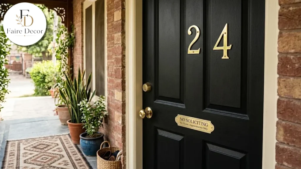 Brass-edged no soliciting plaque matching door hardware