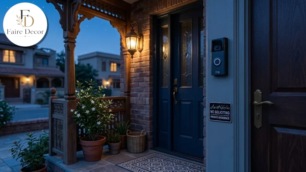 Video doorbell and no soliciting sign at a front entrance