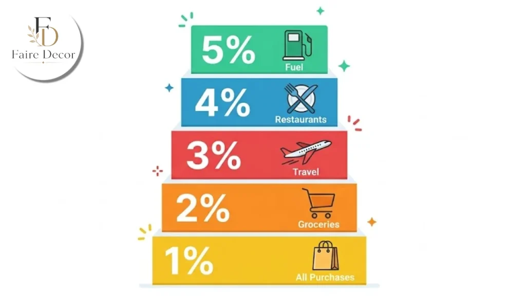 Reward tiers for gas, dining, travel, warehouse and other spending