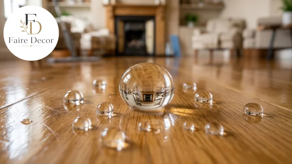 Water beading on a sealed hardwood floor, showing it's safe for a water-based cleaner