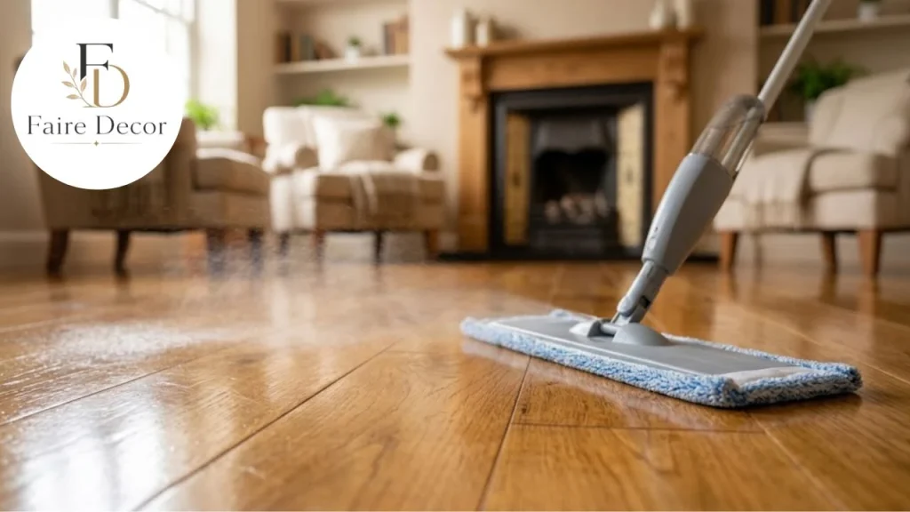 Mopping hardwood floor with the grain using a microfiber spray mop